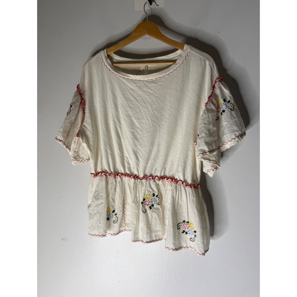 Anthropologie Floral Embroidered Peplum Top Ivory White Short Sleeve Small